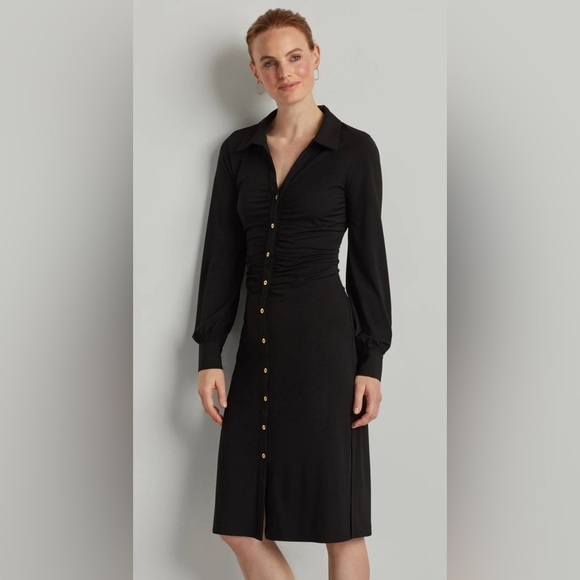 Ellen Tracy Black Women's Button Front Long Sleeve Dress with Ruched Detail Sz L - Picture 1 of 14